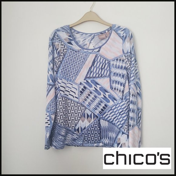 CHICO'S Women's Blue Abstract Print Sweater Light w/ Tank Top Underlay - Picture 11 of 11